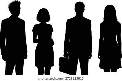 Conjunto de silhueta preta de 4 figuras diversas em pé em trajes de negócios e casuais, incluindo maleta, vestido, terno, cabelo espetado