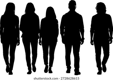 Schwarze Silhouette mit 5 beiläufig gekleideten stehenden Figuren, die nach vorne zeigen und Einheit, Vielfalt und Gruppenpräsenz symbolisieren