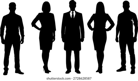 Schwarze Silhouette Set von 5 verschiedenen Personen in Anzügen und Freizeitkleidung, die professionelle und alltägliche Rollen repräsentieren