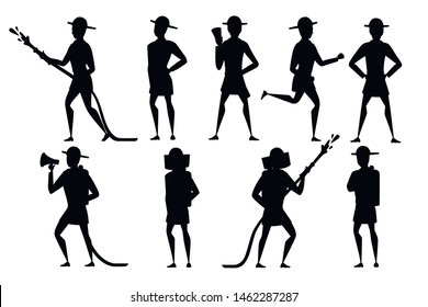 Black silhouette set of adult male firefighter stand on ground wearing fireproof form cartoon character design flat vector illustration