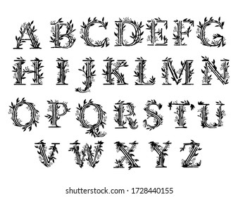 Black silhouette set of alphabet tree branches with leaves and berries botanical flowers floral scandinavian style art design element flat vector illustration
