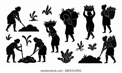 Black silhouette set of ancient tribal women gathering roots and harvesting crops. Figures show digging with tools and carrying heavy baskets on heads and backs on white background.