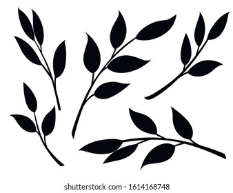 Black silhouette set of autumn leaves on branches flat vector illustration isolated on white background