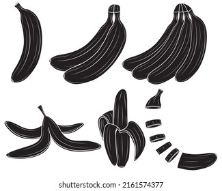 Black silhouette of a Set of bananas whole and slices and a bunch in clipart style isolate on a white background. Vector illustration.