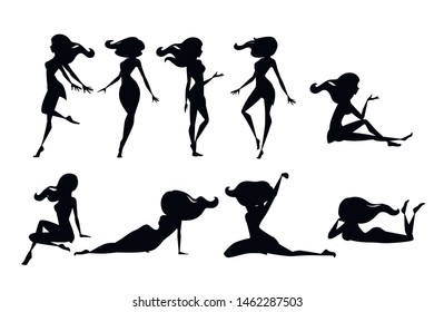 Black silhouette set of beautiful fashion woman standing in different poses cartoon character design flat vector illustration