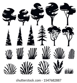 Black silhouette set big set of grass bushes and trees modern foliage design for garden or public park decoration flat vector illustration isolated on white background