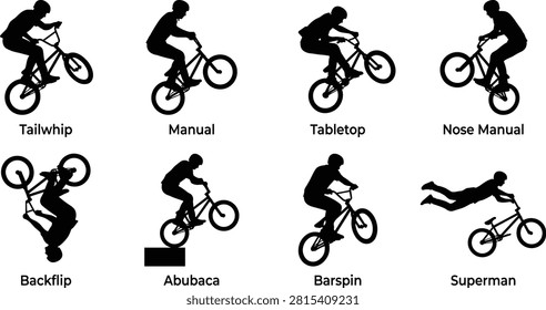 Black silhouette set of BMX riders performing freestyle bicycle tricks and aerial stunts in dynamic action poses. Ideal for sports branding, extreme sports events, youth culture graphics, apparel designs, and action-themed vector projects.