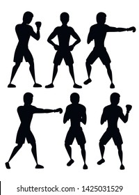 Black silhouette set of boxer in sports pants with boxing gloves punching training cartoon character design flat vector illustration isolated on white background