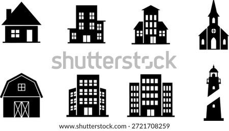 Black silhouette set of buildings vector illustration. This bundle includes various architectural designs like houses, apartments, and churches, perfect for creating urban landscapes, cityscapes, or themed designs. Ideal for use in graphic design projects, web design, or as elements in architectural visualizations.