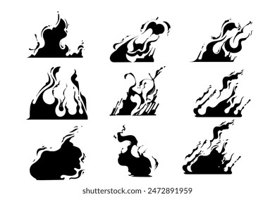 Black silhouette Set of burning fire effect for campfire or magic vector illustration isolated on white background