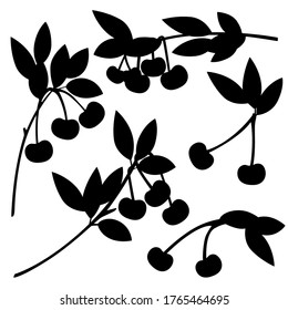 Black silhouette set of cherry berry on tree branches with leaves flat vector illustration isolated on white background