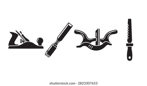 Black silhouette set of classic hand woodworking tools showing plane chisel spokeshave and rasp