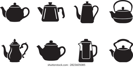 Black silhouette set of classic teapots and stovetop teakettles