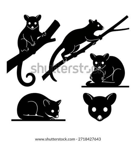 Black silhouette set of cuscus marsupials climbing and sitting on branches.