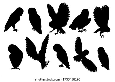 Black silhouette set of cute barn owl (tyto alba) cartoon wild forest bird animal design flat vector illustration isolated on white background