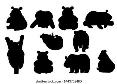 Black silhouette set of cute big panda in different poses cartoon animal design flat vector illustration