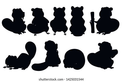 Black silhouette set of cute brown beaver. Cartoon character design. North American beaver Castor canadensis. Rodentia mammals. Happy animal. Flat vector illustration isolated on white background