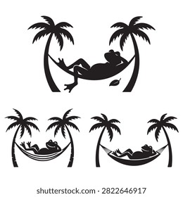 Black silhouette set of a cute frog relaxing in a hammock between two tropical palm trees Vector