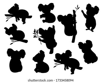 Silueta negra de un oso de koala gris lindo en diferentes poses comiendo hojas de dormir dibujos animados diseño de animales ilustración vectorial plana aislada en fondo blanco