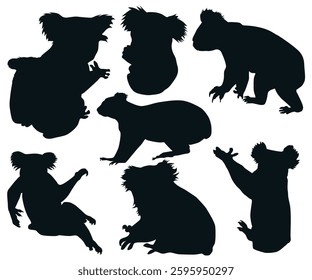 Black silhouette set of cute grey koala bear in different poses eating sleeping leaves cartoon animal design flat vector illustration isolated on white background. Australian animal silhouette design