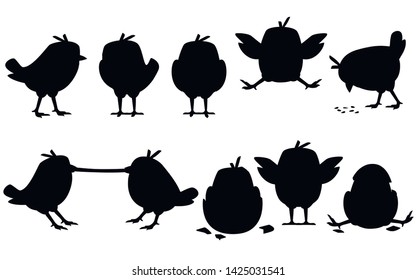 Black silhouette set of cute little chick walk side view cartoon character design flat vector illustration