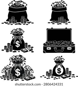 A black silhouette set depicting money bags filled with cash and coins, alongside stacks of currency and a briefcase, on a white background.