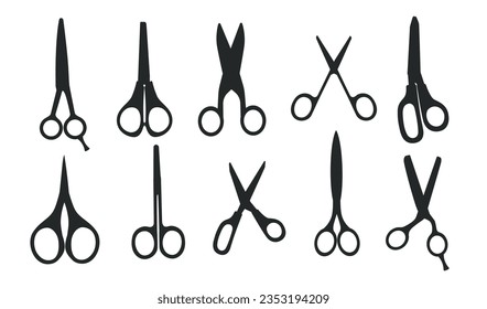 Black silhouette Set of different scissors models cutter tools simple cartoon design vector illustration isolated on white background