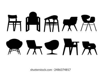 Black silhouette set of different types of chairs furniture for the hall, home and hotels vector illustration isolated on white background