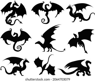 black silhouette set dragons isolated vector