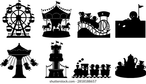 A black silhouette set of eight amusement park rides including Ferris wheel, carousel, roller coaster, bumper car, swing ride, drop tower, train ride, and teacup ride. Perfect for entertainment designs, theme park graphics, and carnival-themed creative projects.