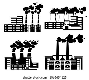 Black silhouette. Set of factories with smoke pipes. Environmental pollution problem. Earth factory pollute with carbon gas.Vector flat illustration. Vector illustration isolated on white background.