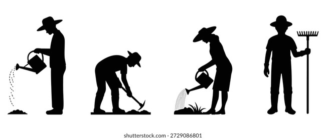 Conjunto de siluetas negras de agricultores que realizan actividades de jardinería y agricultura, como regar plantas, cavar suelos y sostener herramientas agrícolas, aisladas sobre fondo blanco.