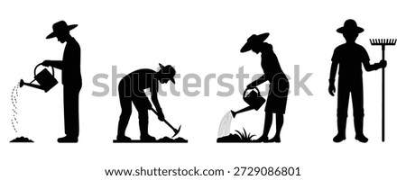 Black silhouette set of farmers doing gardening and farming activities such as watering plants, digging soil and holding farm tools, isolated on white background.