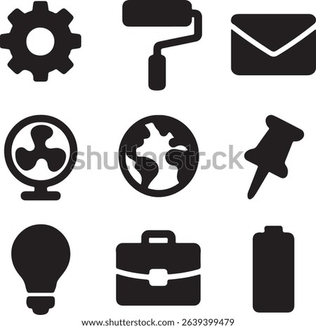 A black silhouette set featuring gear, paint roller, envelope, globe, electric fan, pushpin, lightbulb, briefcase, and battery in a clean 3x3 grid.