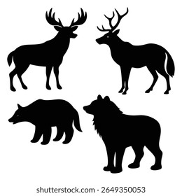 A black silhouette set featuring two deer with antlers, a bear, and a wolf on a white background.