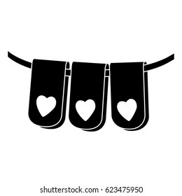 black silhouette set flag in a rope for decoration with heart shape inside vector illustration