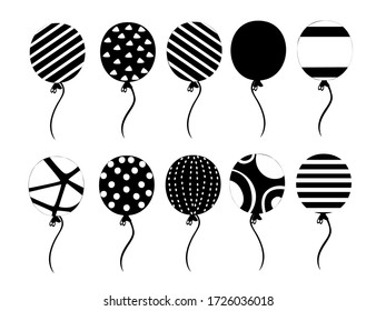 Black silhouette set of flat balloons with different texture pattern flat vector illustration isolated on white background