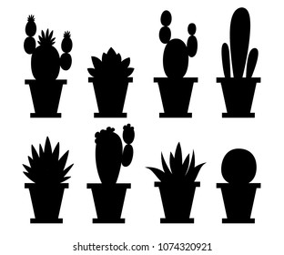 Black silhouette. Set of flower and decorative cactus. Home plants cactus in pots and with flowers. A variety of decorative floral. Vector illustration isolated on white background.