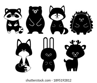 Black silhouette set of forest animals isolated on white background. Flat design for poster or t-shirt. Vector illustration