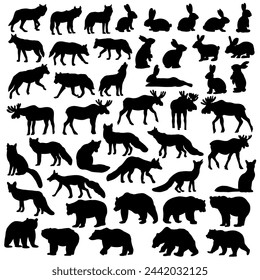 Black silhouette set of forest animals like foxes, wolves, bears, hares and moose in different actions while hunting, searching for food and other