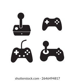 black silhouette set of four different video game controllers and joysticks isolated on white for gaming icon collection