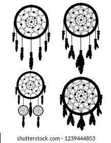 Black silhouette. Set of four Dreamcatcher native American Indian talisman. Tribal design. Magic item with feathers. Fashionable flat style talisman. Vector illustration isolated on white background.