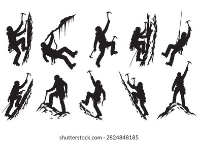 Black silhouette set of ice climbers with climbing gear