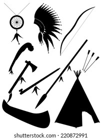 black silhouette set icons objects american indians vector illustration isolated on white background