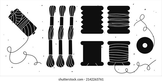 Black silhouette set of icons with threads on bobbin, spool of thread, floss. Perfect for tailors, sewers, dressmakers, children, handmaders. Vector flat illustration. Isolated on white bg.