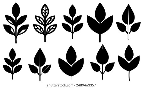 Black silhouette set of leaves on branches,vector illustration botanical elements design.
