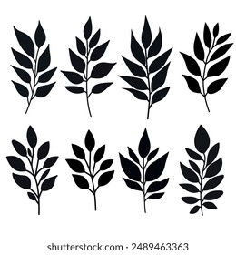 Black silhouette set of leaves on branches,vector illustration botanical elements design.