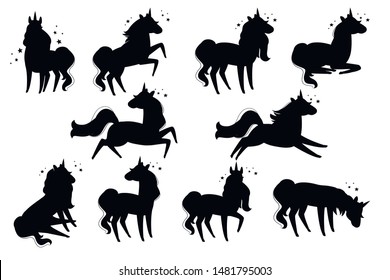 Black silhouette set of magic mythical animal from fairy tale unicorn cartoon animal design flat vector illustration isolated on white background