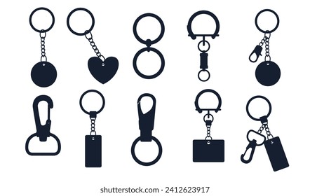 Black silhouette set of metal keychain with ring and chain vector illustration isolated on white background