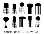 Black silhouette set of Metal water tower with oval water tank countryside water reservoir infrastructure vector illustration isolated on white background